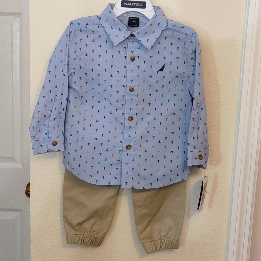 Nautica long sleeve blue shirt with khaki pants size 24 M NWT
